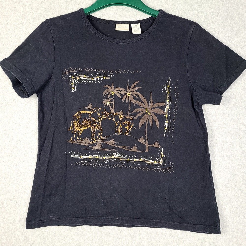 ERIKA Vintage Safari Elephants Beaded Print Black T-Shirt Women's M Cotton Y2K